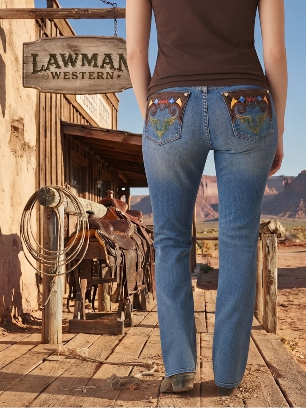 Vintage Women’s Blue Lawman Western Denim Embroidered Pocket Jeans
